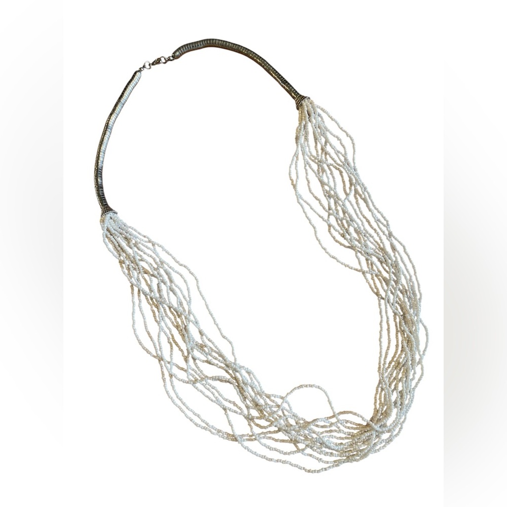 White Seed Bead Multi Strand Necklace Boho Artisan Layered Statement 16” Drop
